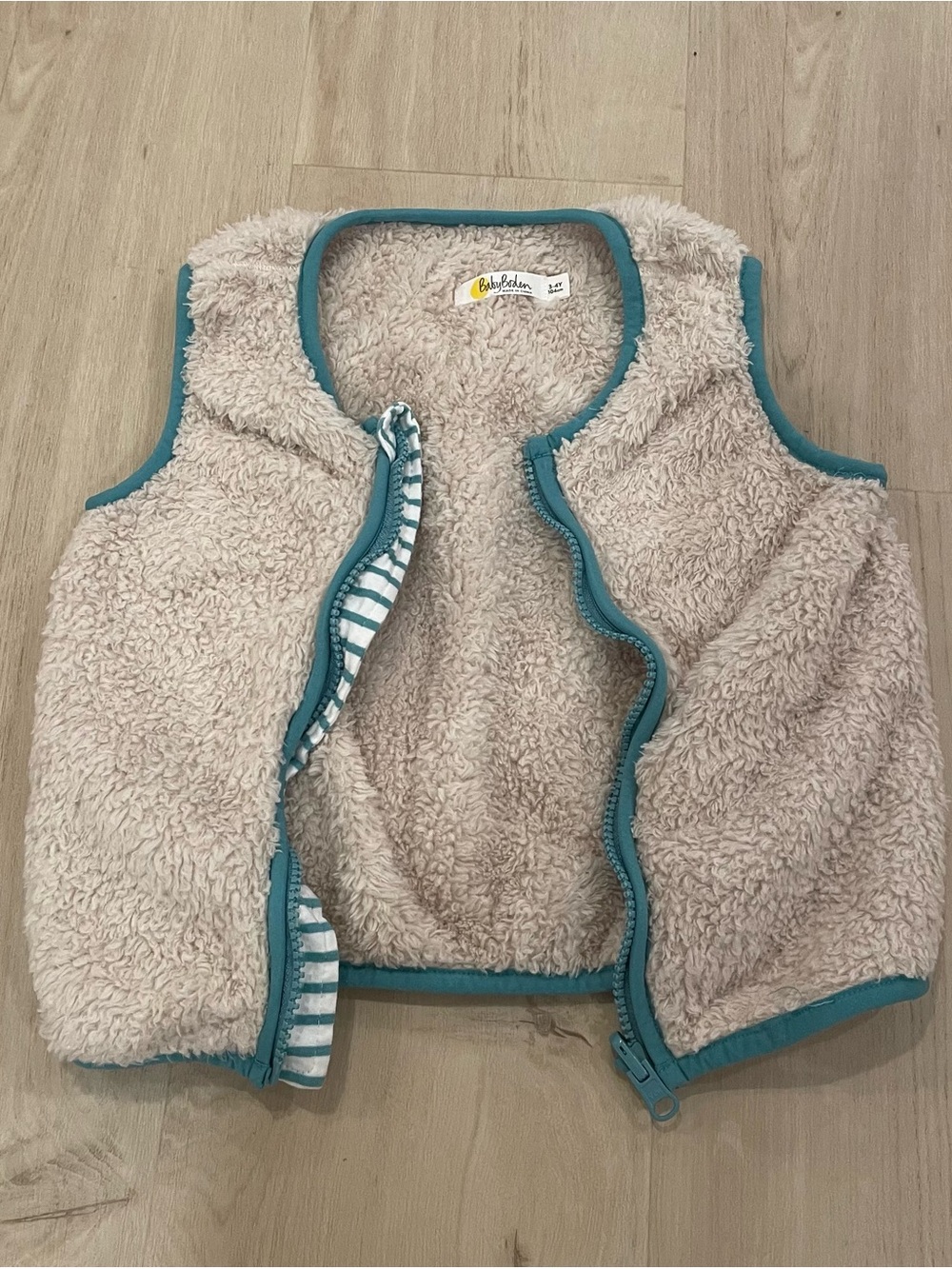 Baby Boden Cream Sherpa Vest with Teal Trim